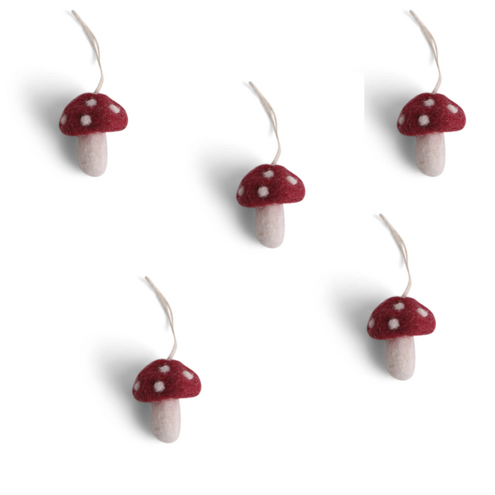 Fall and Christmas Hanging Decoration - Mushrooms with Red Caps (Set of 5)