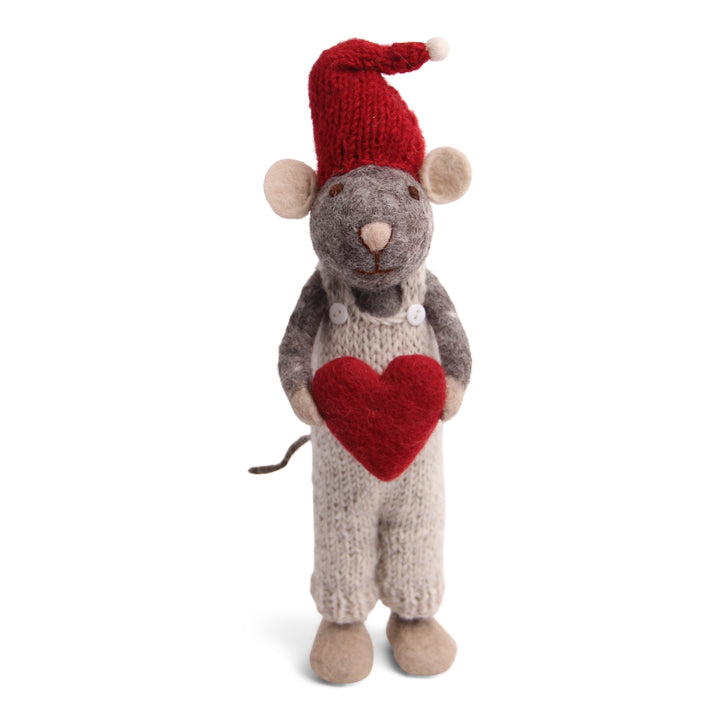 Christmas Figurine - Winter Mouse Boy (Large) with Heart (Grey)