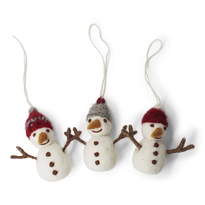 Felt Christmas Tree Decoration - Snowmen with Knitted Caps (Set of 3)