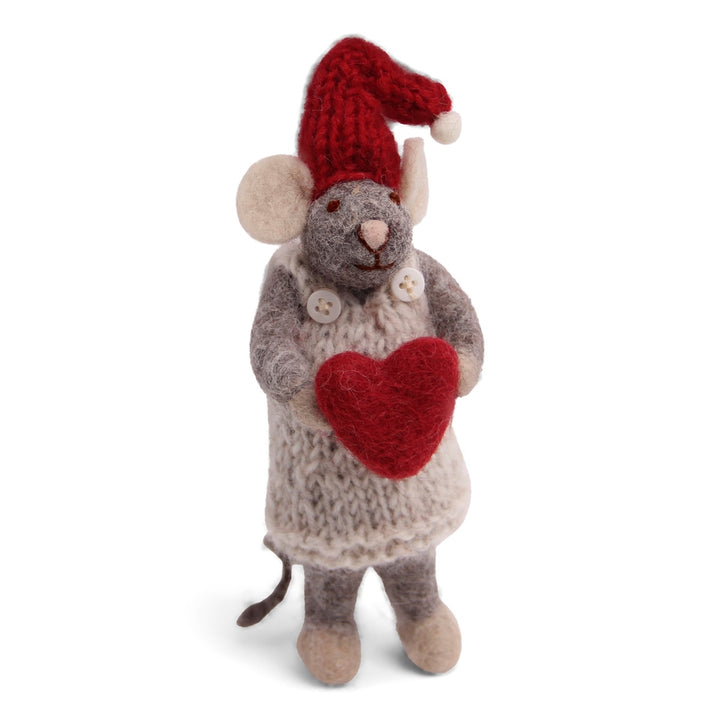 Christmas Figurine - Winter Mouse Girl (Small) with Heart (Grey)