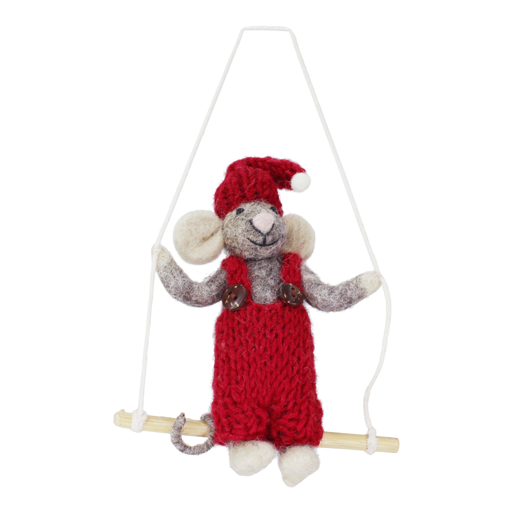 Christmas Figurine - Grey Mouse with Red Dress on Swing