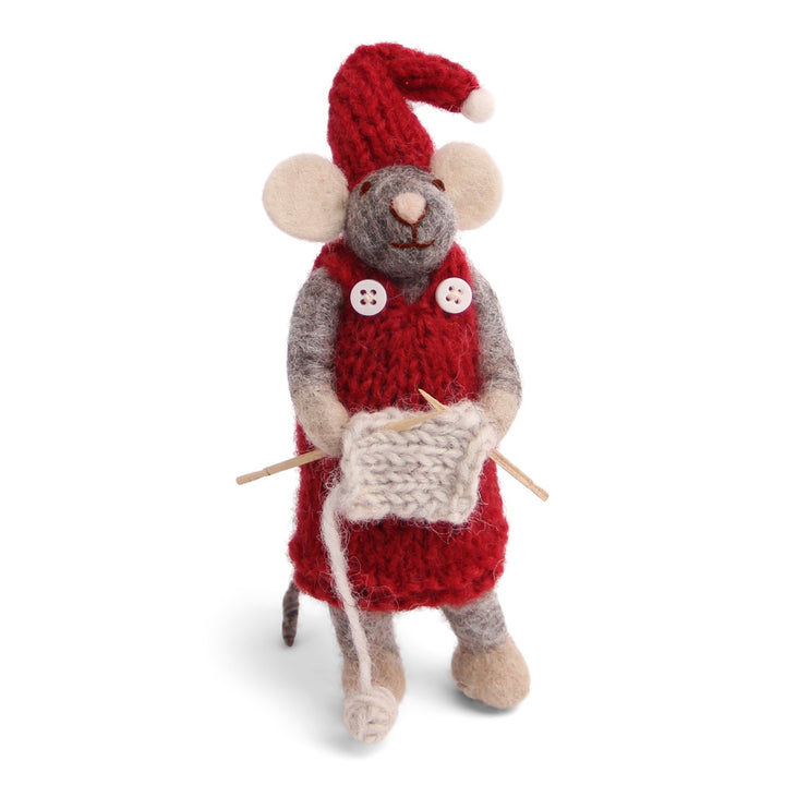 Christmas Figurine - Winter Mouse Girl (Small) Knitting (Grey)