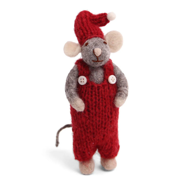 Christmas Figurine - Winter Mouse Boy (Small) With Red Overalls (Grey)