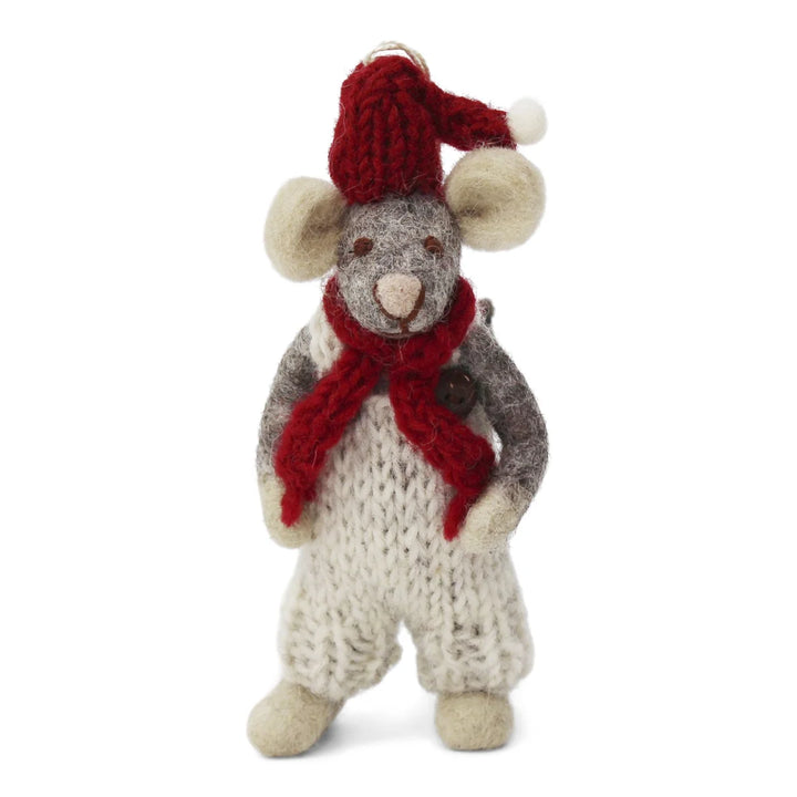 Christmas Figurine - Winter Mouse Boy (Small) With Red Hat and Scarf (Grey)