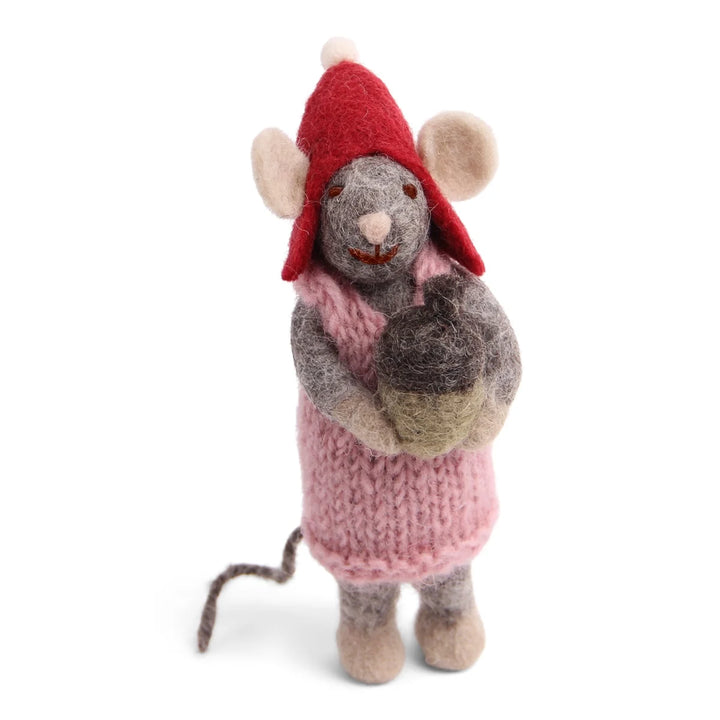 Christmas Figurine - Winter Mouse Girl (Small) With Acorn (Grey)