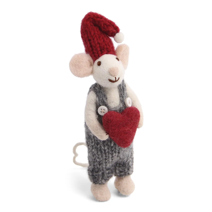 Christmas Figurine - Winter Mouse Boy (Small) with Heart (White)