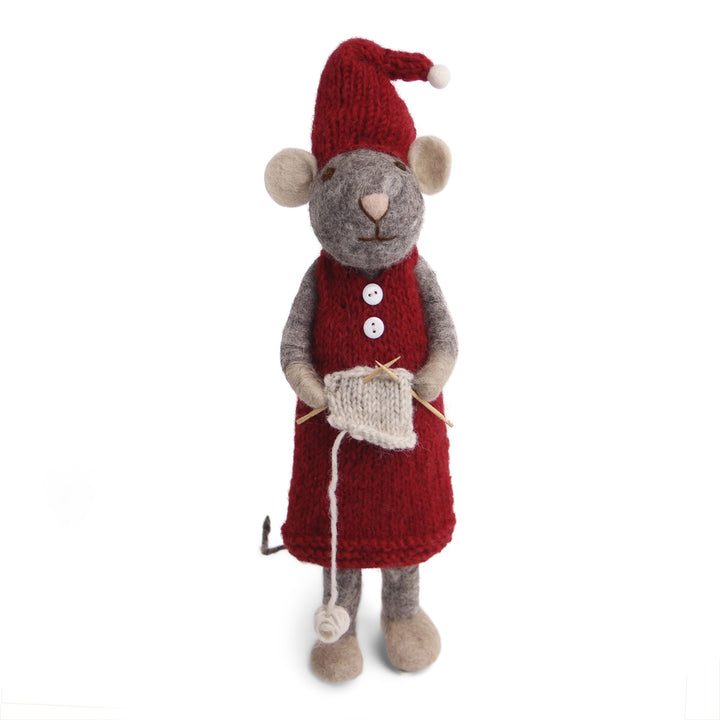 Christmas Figurine - Winter Mouse Knitting (Grey) - Extra Large