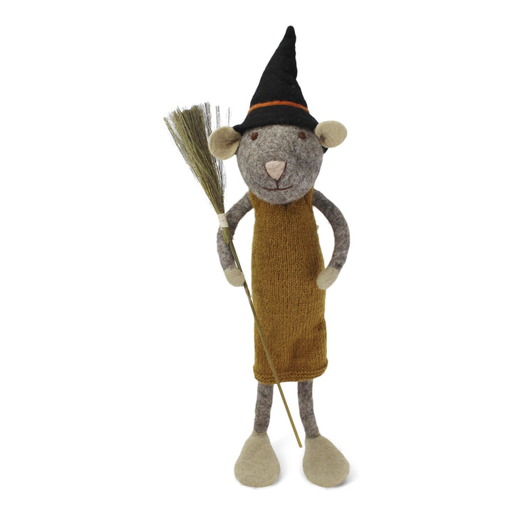 Fall and Halloween Figurine - Mouse with Broom (Grey) - Extra Large