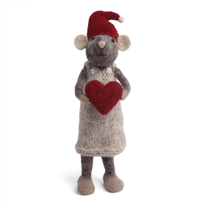 Christmas Figurine - Winter Mouse Girl (Large) with Heart (Grey)