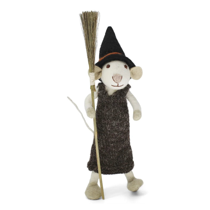 Fall and Halloween Figurine - Mouse with Broom (White) - Medium