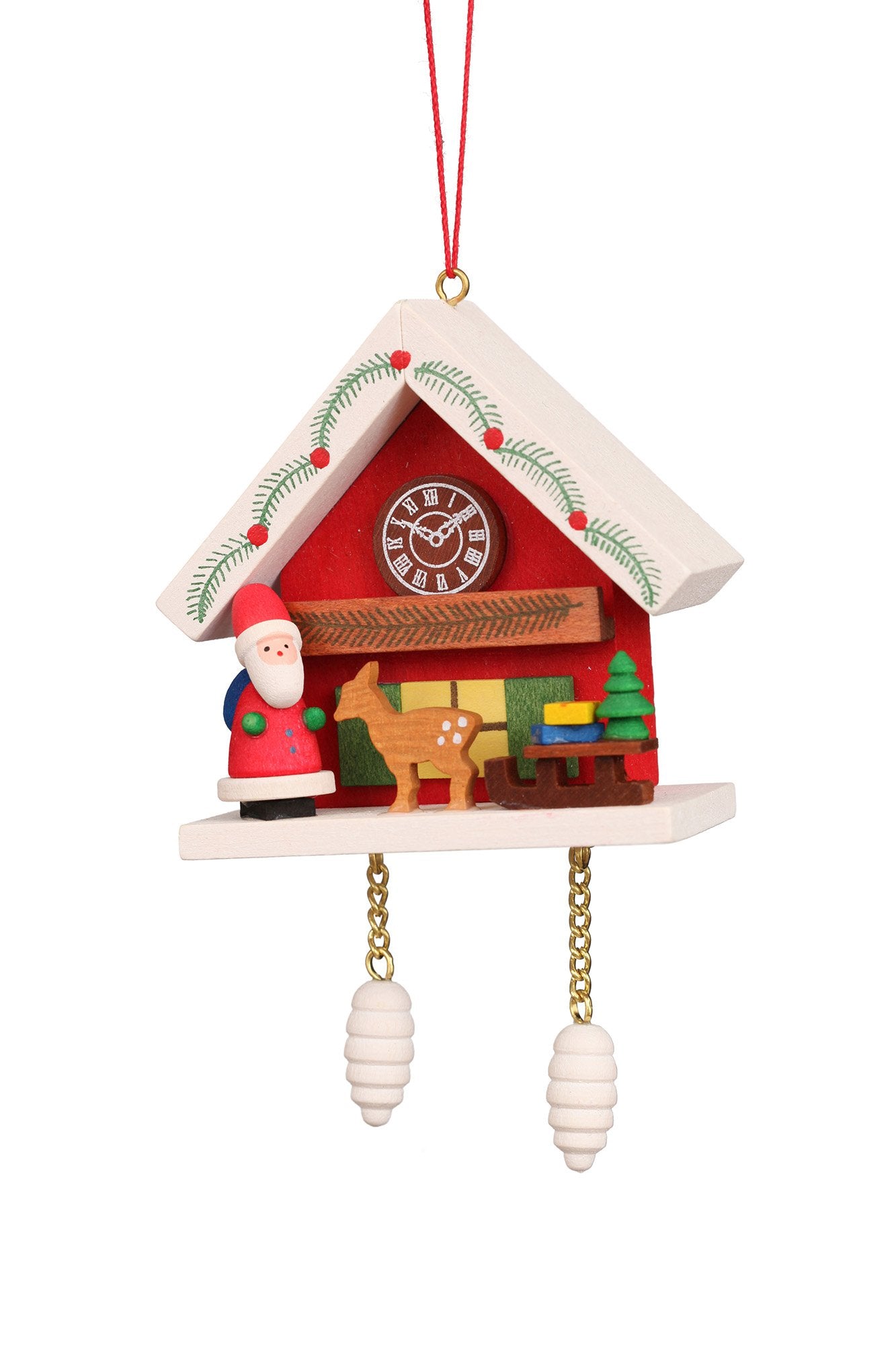 Cuckoo Clock - Santa and Reindeer under snow-capped Roof - Christmas tree decoration