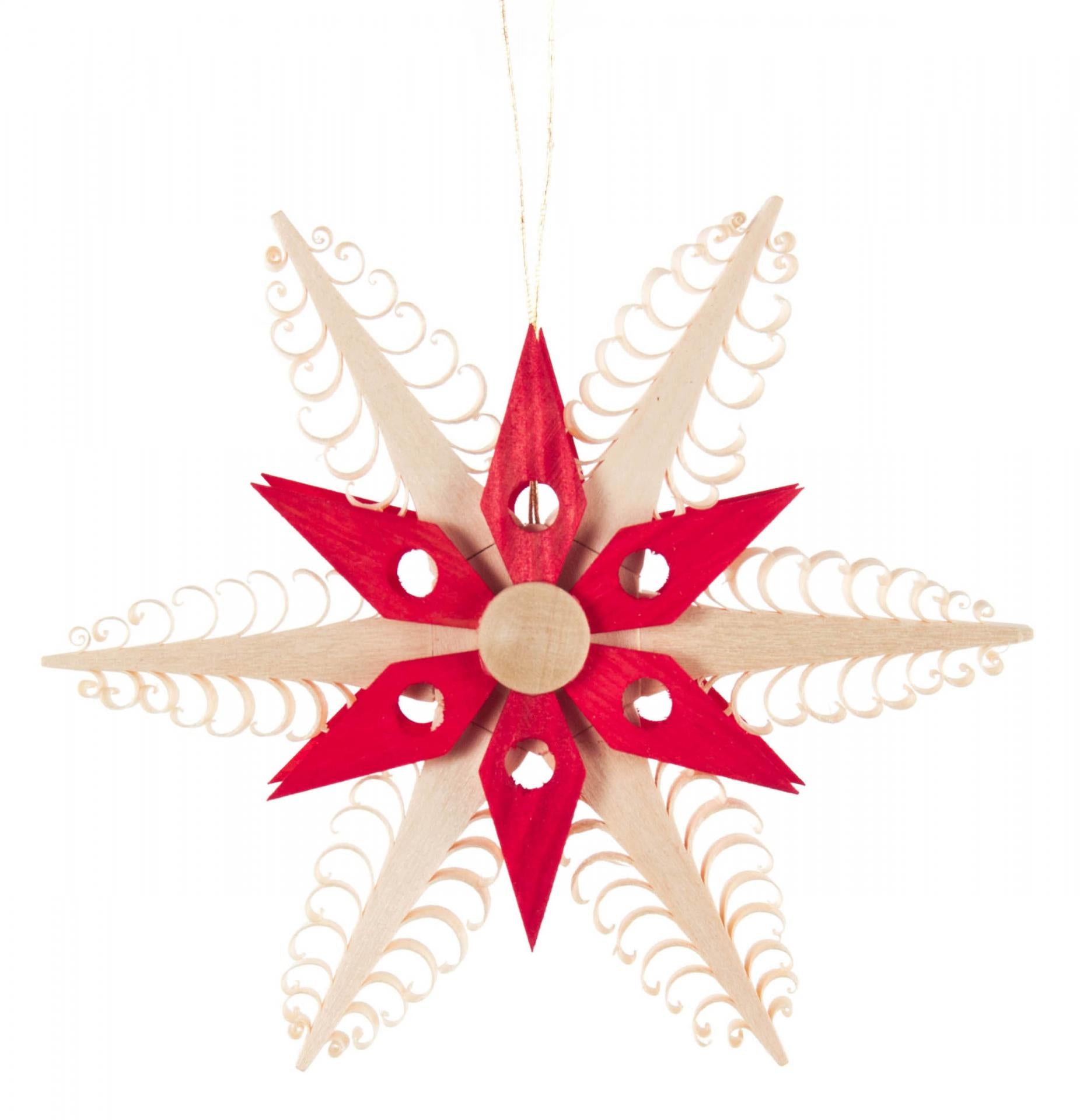 Handcrafted Wooden Christmas Star - Twelve-Pointed Natural and Red