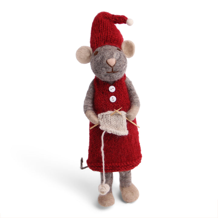 Christmas Figurine - Winter Mouse Knitting (Grey) - Large