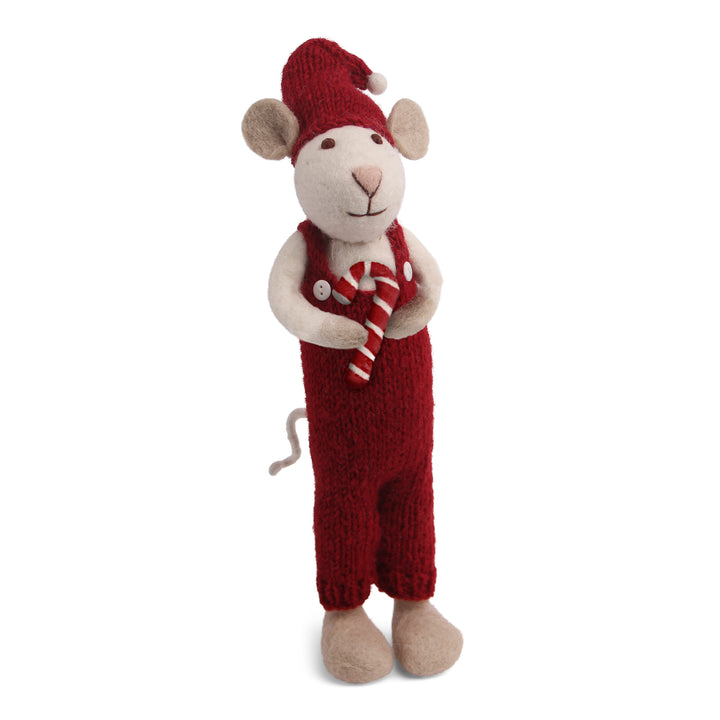 Christmas Figurine - Winter Mouse with Candy Cane (White) - Large