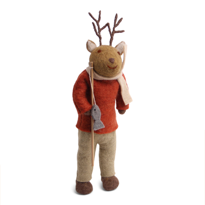 Christmas Figurine - Reindeer with Fishing Pole (Brown) - Large