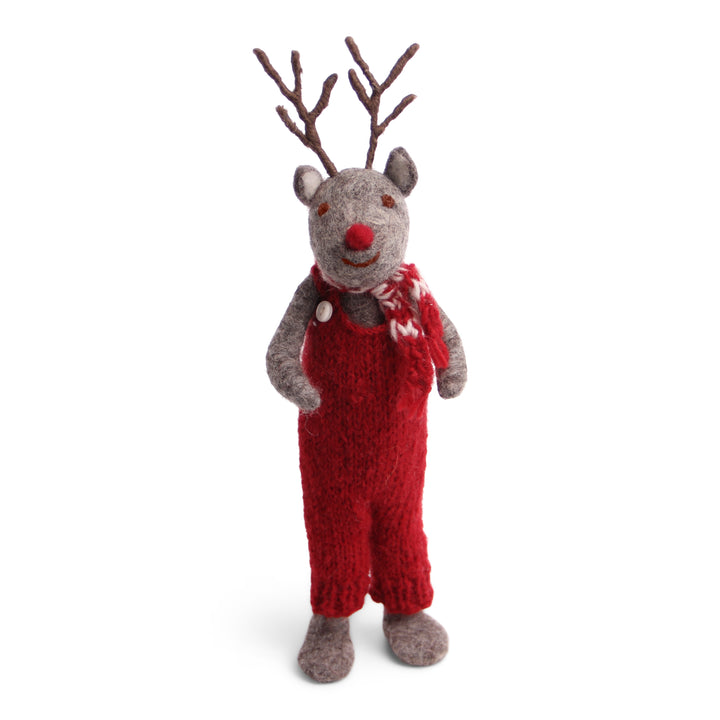 Christmas Figurine - Reindeer in Red Overalls (Grey) - Large